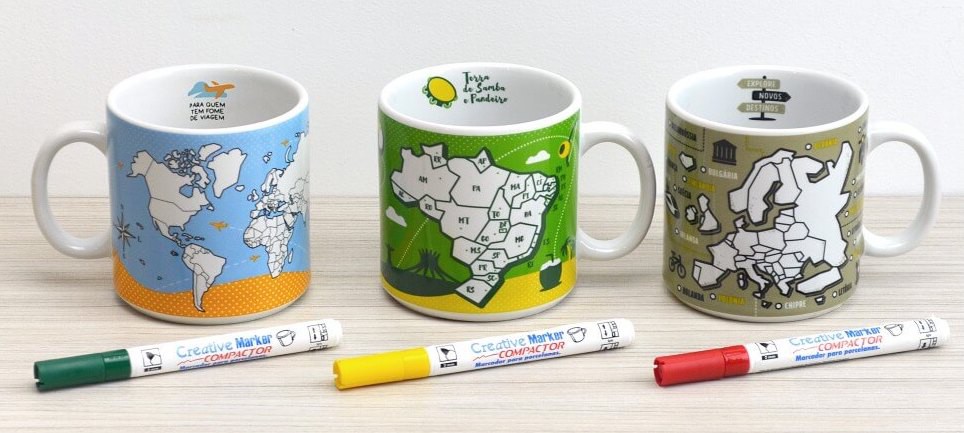 Artigos de viagem da loja Viagema - canecas para pintar os locais visitados Viagema - Artigos de Viagem - Presentes para os viajantes
